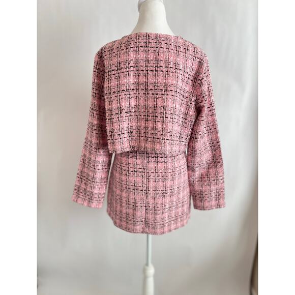 TWEED MINI SKIRT AND JACKET BLAZER SET WOMENS PINK BLACK GOLD BUTTON 2 PIECE SET - Picture 6 of 15